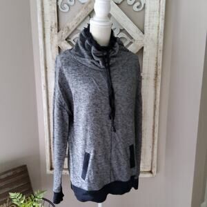 Xersion Women's Drawstring Funnel Neck Pullover Sweatshirt in Black Gray Medium